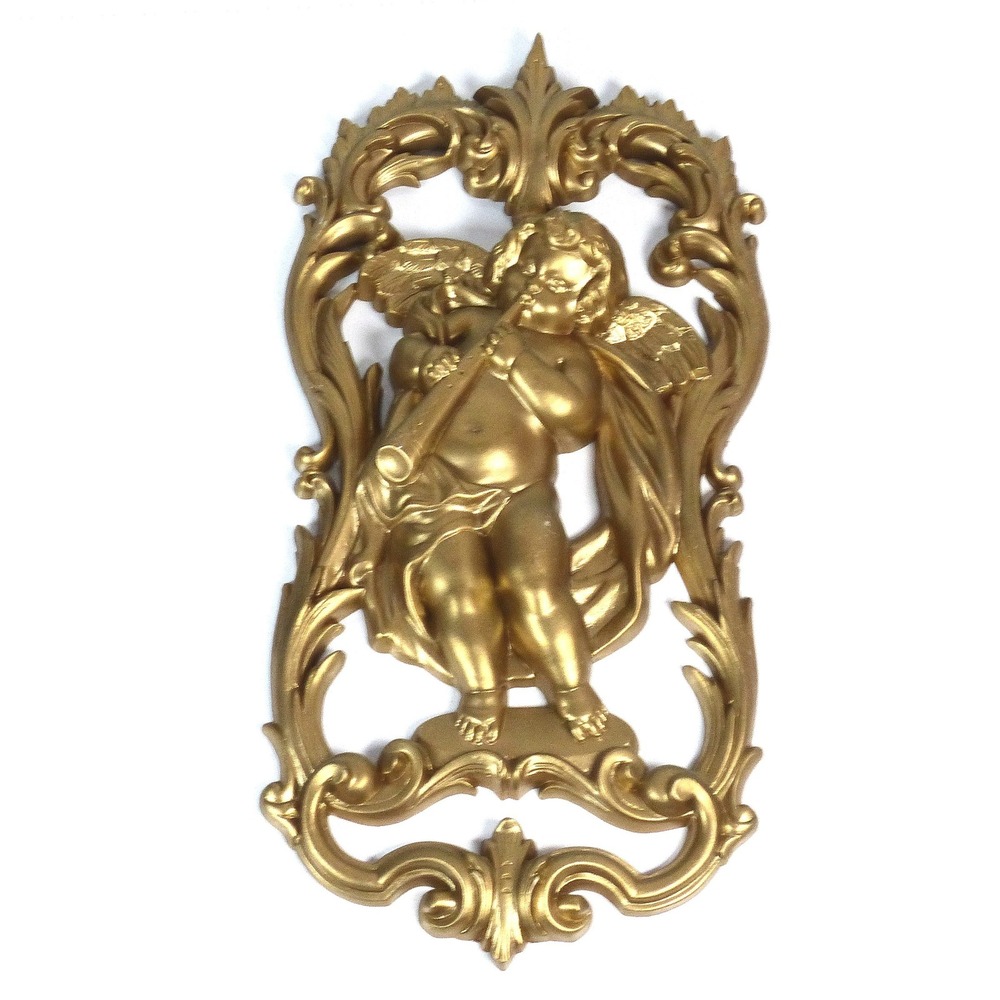 Vtg 1981 Burwood Resin Musical Angel Cherub Wall Plaque 2510-3 Hand Painted Gold